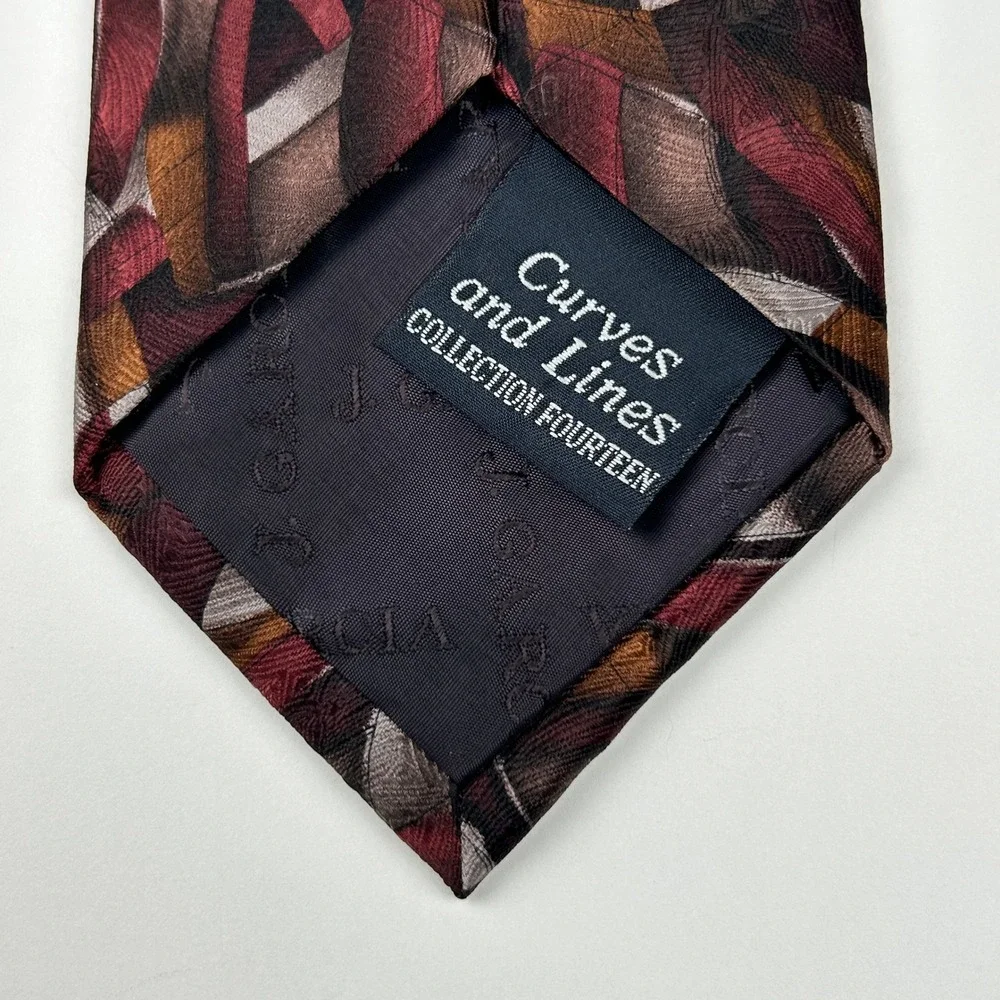 Vintage 1996 J Garcia‎ Curves and Lines Burgundy Abstract 100% Silk Tie Korea